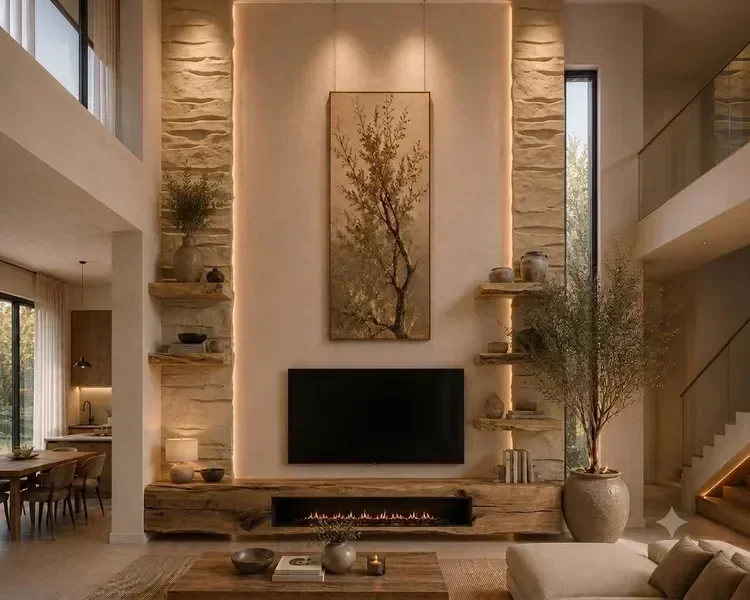 קיר עוגן בעיצוב וואבי-סאבי המשלב צילום אמנותי, חומרים טבעיים וצמחייה